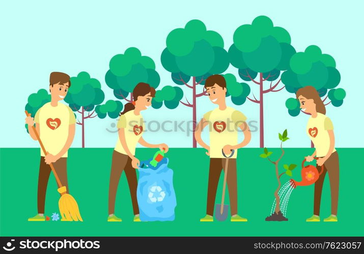 Volunteering people vector, man and woman with bag taking garbage, person sweeping dust, and growing tree watering plan in park, forest greenery flat style. Volunteers Cleaning Environment and Growing Tree