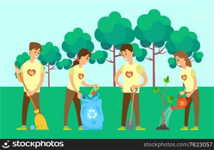 Volunteering people vector, man and woman with bag taking garbage, person sweeping dust, and growing tree watering plan in park, forest greenery flat style. Volunteers Cleaning Environment and Growing Tree