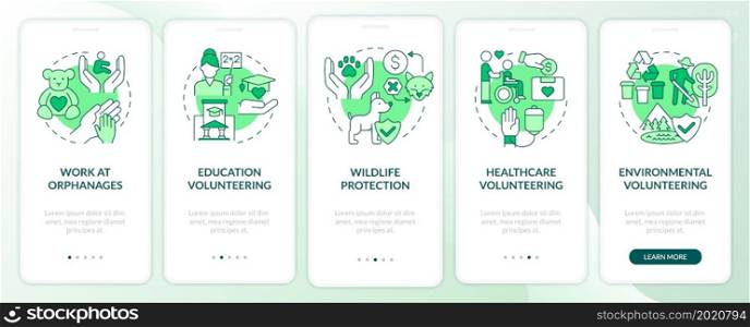 Volunteering work green onboarding mobile app page screen. Social aid walkthrough 4 steps graphic instructions with concepts. UI, UX, GUI vector template with linear color illustrations. Volunteering work green onboarding mobile app page screen