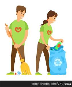 Volunteering work of people vector, isolated man and woman with garbage bin, man sweeping floor and woman collecting litter plastic bottle environmental care. Volunteers Collecting Garbage Caring for Nature
