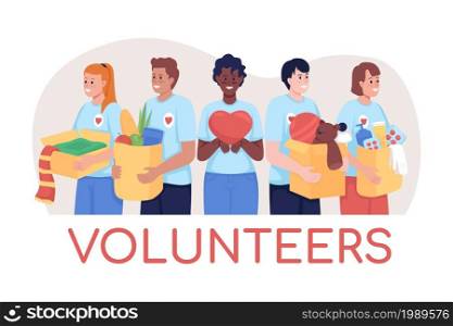 Volunteers 2D vector isolated illustration. Contributing to humanitarian aid. Smiling man and woman. Social service worker flat characters on cartoon background. Charity work colourful scene. Volunteers 2D vector isolated illustration