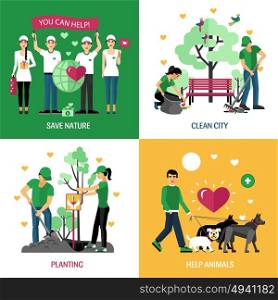 Volunteers 2x2 Design Concept . Volunteers 2x2 design concept set of help animals planting clean city and save nature action compositions flat vector illustration