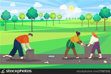 Volunteers are cleaning park. People volunteering collect garbage on contaminated area of country road polluted with plastic and paper waste. Characters are throwing trash out of town in spring. People collect garbage on contaminated area of country road polluted with plastic and paper waste