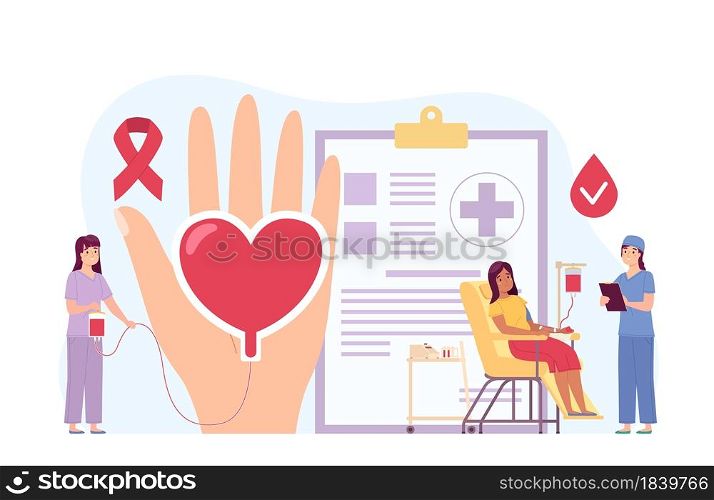 Volunteers blood donation. Woman in chair gives bloody serum. Cute people help health care. Cartoon plasma donors in process donation. Charity medical support. Hand with red heart. Vector concept. Volunteers blood donation. Woman in chair gives bloody serum. People help health care. Plasma donors in process donation. Charity medical support. Hand with red heart. Vector concept