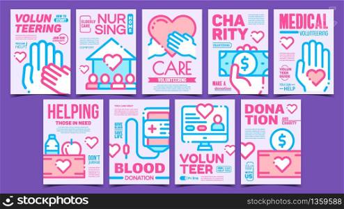 Volunteers Charities Advertise Posters Set Vector. Hand Holding Heart And Money Banknote, Blood Donation And Charity Creative Advertising Banners. Concept Template Stylish Colorful Illustration. Volunteers Charities Advertise Posters Set Vector