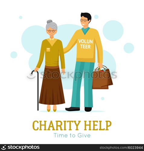 Volunteers Charity Help Organization Flat Poster . Charity organization flat poster with volunteer helping old woman with daily tasks abstract vector illustration
