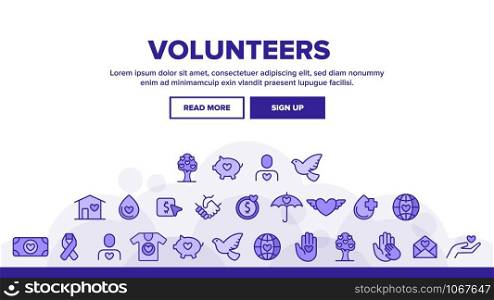 Volunteers, Charity Landing Web Page Header Banner Template Vector. Volunteering, Charitable Organizations. Donations, Humanitarian Aid, Peace-Keeping Missions Illustration. Volunteers, Charity Landing Header Vector