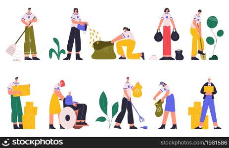 Volunteers, charity social workers collecting trash and help elderly people. Young charity social workers volunteering vector illustration set. Kindness and charity activity. Donation from volunteer. Volunteers, charity social workers collecting trash and help elderly people. Young charity social workers volunteering vector illustration set. Kindness and charity activity
