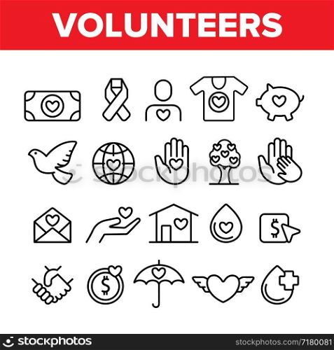 Volunteers, Charity Vector Thin Line Icons Set. Volunteering, Charitable Organizations Logo Linear Pictograms. Donations, Humanitarian Aid, Peace-Keeping Missions Symbols Contour Illustrations. Volunteers, Charity Vector Thin Line Icons Set