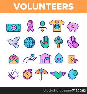 Volunteers, Charity Vector Thin Line Icons Set. Volunteering, Charitable Organizations Logo Linear Pictograms. Donations, Humanitarian Aid, Peace-Keeping Missions Symbols Contour Illustrations. Volunteers, Charity Vector Color Line Icons Set