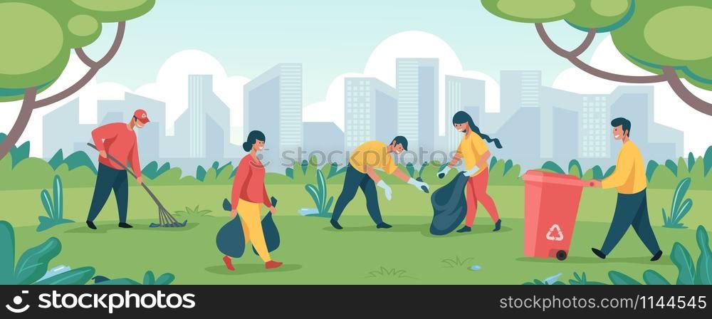 Volunteers clean garbage. Happy people community collecting trash at park territory or forest. Vector cartoon characters volunteering together clean street and forest from rubbish. Volunteers clean garbage. Happy people community collecting trash at park territory or forest. Vector cartoon characters volunteering