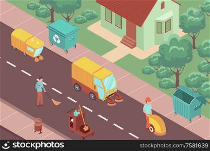 Volunteers cleaning and sweeping city streets 3d isometric vector illustration