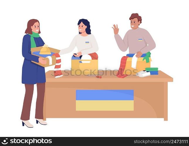 Volunteers collecting clothes for refugees semi flat color vector characters. Happy figures. Full body people on white. Simple cartoon style illustration for web graphic design and animation. Volunteers collecting clothes for refugees semi flat color vector characters