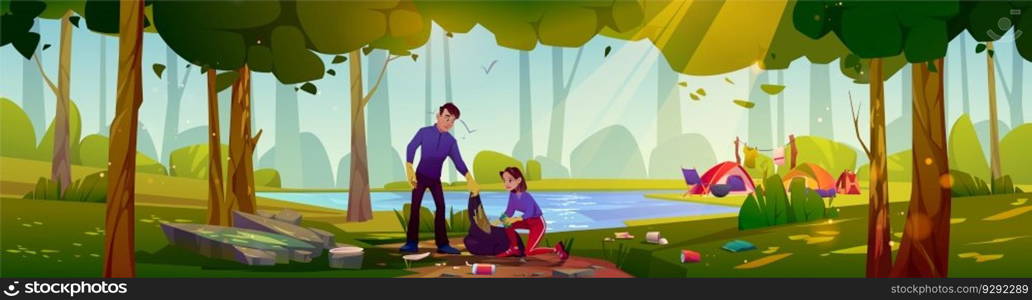 Volunteers collecting garbage in forest. Vector cartoon illustration of young conscious man and woman putting trash into bag, cleaning park territory near lake after camping on green glade under trees. Volunteers collecting garbage in forest