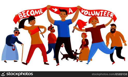 Volunteers composition with young people and teenage kids flat cartoon style characters holding banner and flags vector illustration. Young Volunteering Enthusiasts Composition