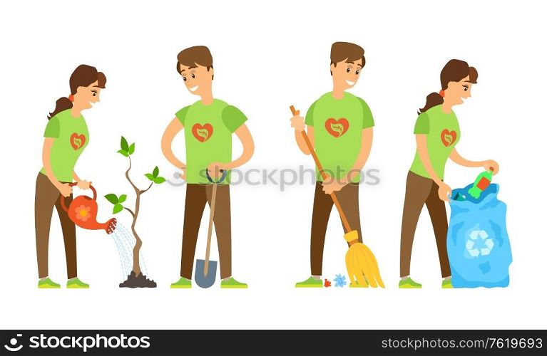 Volunteers cooperation, man and woman seedling and watering plant, sweeping trash, sorting plastic, environmental caring, ecology protection vector. Man and Woman Watering Tree, Sweeping Trash Vector