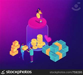 Volunteers donating money into the donation jar and carrying donation boxes with goods. Donation, charity donation funds, gift in kind concept. Ultraviolet neon vector isometric 3D illustration.. Donation concept vector isometric illustration.