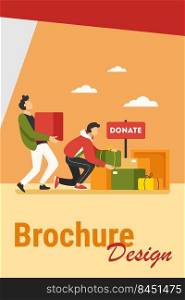 Volunteers donating stuff in boxes for poor people. Service, homeless, kindness flat vector illustration. Charity and care concept for banner, website design or landing web page