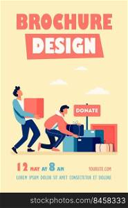 Volunteers donating stuff in boxes for poor people. Service, homeless, kindness flat vector illustration. Charity and care concept for banner, website design or landing web page
