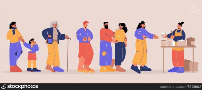 Volunteers feeding homeless people in shelter. Bums and beggars stand in queue for receiving food in emergency housing, temporary residence charity for paupers, Line art flat vector illustration. Volunteers feeding homeless people in shelter