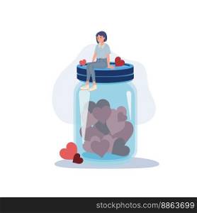 volunteers give support and care concept. tiny woman is sitting on the top of the jar which have hearts inside. collect heart shape.

