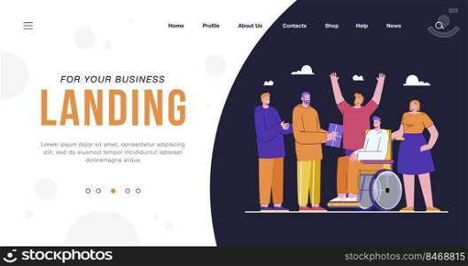 Volunteers giving presents to disabled person. People helping man in wheelchair and blind guy flat vector illustration. Healthcare, volunteering concept for banner, website design or landing web page