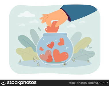 Volunteers hand putting heart in glass donation jar. Person giving love gift to poor people flat vector illustration. Charity campaign, service concept for banner, website design or landing web page. Volunteers hand putting heart in glass donation jar