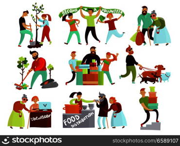 Volunteers helping people set of isolated cartoon style compositions of young humanitarian characters in various situations vector illustration. Volunteering Situations Cartoon Collection