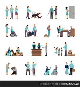 Volunteers people set. Volunteers set with people helping seniours social support flat icons isolated vector illustration