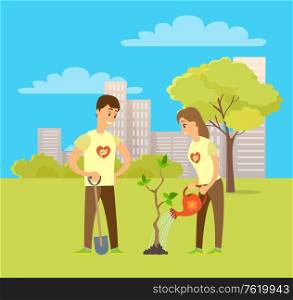 Volunteers planting tree in city park. Vector man with shovel digging ground and woman with watering can waters plant at spring time, cityscape background. Volunteers Plant Tree in City Park. Vector People