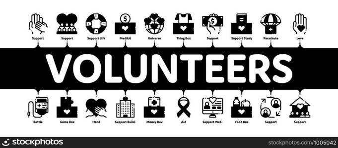 Volunteers Support Minimal Infographic Web Banner Vector. Volunteers Support, Charitable Organizations Linear Pictograms. Blood Donor, Food Donations, Financial Help, Humanitarian Aid Illustrations. Volunteers Support Minimal Infographic Banner Vector