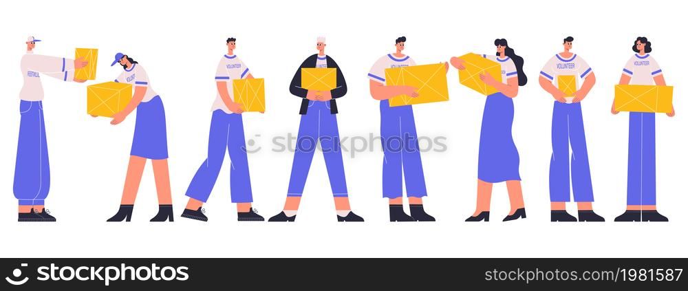 Volunteers team, charity social workers carrying donations. Diverse charity social workers team vector flat illustration set. Young people volunteering. Charity social team community. Volunteers team, charity social workers carrying donations. Diverse charity social workers team vector flat illustration set. Young people volunteering