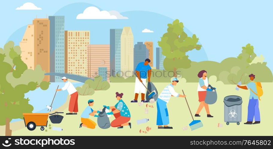 Volunteers trash out composition with cityscape background and group of flat human characters with cleaning utensils vector illustration