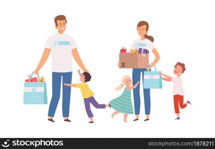 Volunteers visit orphanage. Happy orphans, man woman with donations and presents. Children running hugging male and female characters vector illustration. Social charity and support, help child orphan. Volunteers visit orphanage. Happy orphans, man woman with donations and presents. Children running hugging male and female characters vector illustration