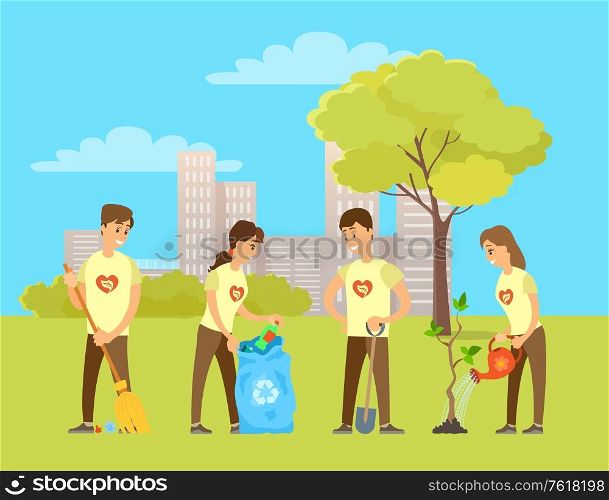 Volunteers watering plants from can, digging ground and planting trees, gathering litter and garbage and sweeping floor with broom. Vector social organization workers. Volunteering in park. Volunteers Watering Plants from Can Digging Ground