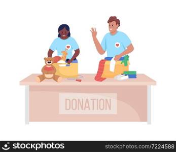 Volunteers with charity boxes semi flat color vector character. Posing figure. Full body person on white. Social service isolated modern cartoon style illustration for graphic design and animation. Volunteers with charity boxes semi flat color vector character