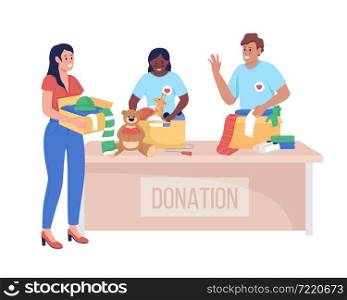 Volunteers with visitor semi flat color vector character. Posing figures. Full body people on white. Social service isolated modern cartoon style illustration for graphic design and animation. Volunteers with visitor semi flat color vector character