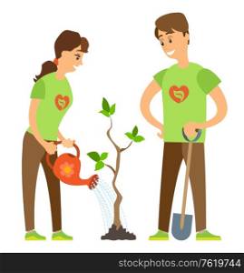 Volunteers woman and man seedling and watering tree, people activists holding watering-pot and shovel, caring with plant, sprout with leaves, eco vector. Gardening Plant, Watering Pot and Shovel Vector