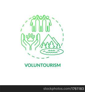 Voluntourism concept icon. Best sustainable tourism practices. Tourist spending vacation helping other people idea thin line illustration. Vector isolated outline RGB color drawing. Voluntourism concept icon