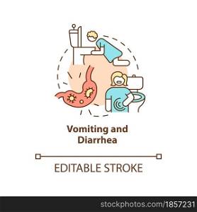 Vomiting and diarrhea concept icon. Water and mineral loss. Stomach flu. Dehydration cause abstract idea thin line illustration. Vector isolated outline color drawing. Editable stroke. Vomiting and diarrhea concept icon
