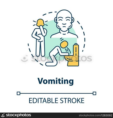 Vomiting concept icon. Stomach poisoning. Puking from hangover. Gastritis and nausea. Flu symptom idea thin line illustration. Vector isolated outline RGB color drawing. Editable stroke