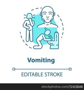 Vomiting concept icon. Stomach poisoning. Unwell patient near toilet. Gastritis and nausea. Flu symptom idea thin line illustration. Vector isolated outline RGB color drawing. Editable stroke