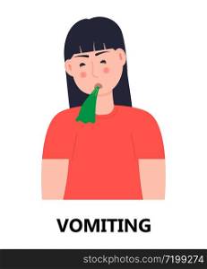 Vomiting icon vector. Poisoning, poor digestion, stomach ulcer are shown. Woman vomits and suffers. Infected person illustration.. Vomiting icon vector. Poisoning, poor digestion, stomach ulcer are shown. Girl vomits and suffers. Infected person illustration.