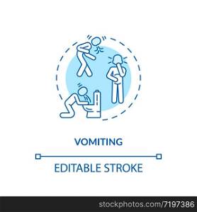 Vomiting turquoise concept icon. Human puking in toilet. Patient with indigestion. Rotavirus symptom idea thin line illustration. Vector isolated outline RGB color drawing. Editable stroke