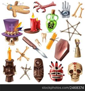 Voodoo african occult practices attributes collection with skull bones mask candles ritual doll pins realistic vector illustration . Voodoo Realistic Set