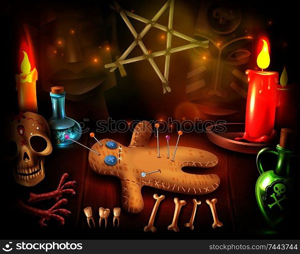 Voodoo doll cult religious rituals realistic poster with occult spiritual practices skulls candlelight mystical symbols vector illustration   . Voodoo Doll Mystique Poster