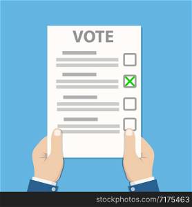 Vote (check) paper list in man&rsquo;s hands, stock vector illustration