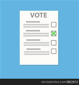Vote (check) paper list on blue with shadow, stock vector illustration