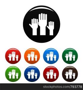 Vote hands icons set 9 color vector isolated on white for any design. Vote hands icons set color