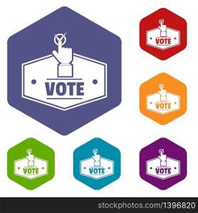 Vote icons vector colorful hexahedron set collection isolated on white . Vote icons vector hexahedron